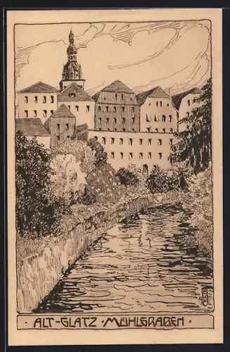 Künstler-AK Glatz, Altstadt, Mühlgraben