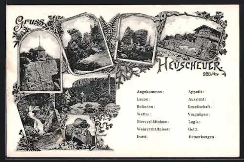 AK Heuscheuer, Triumphbogen, Belvedere, Schweizerhaus, Wasserfall