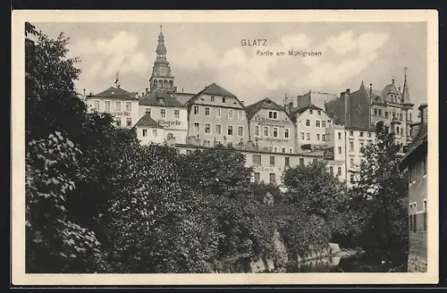 AK Glatz, Mühlgrabenpartie mit Kirche