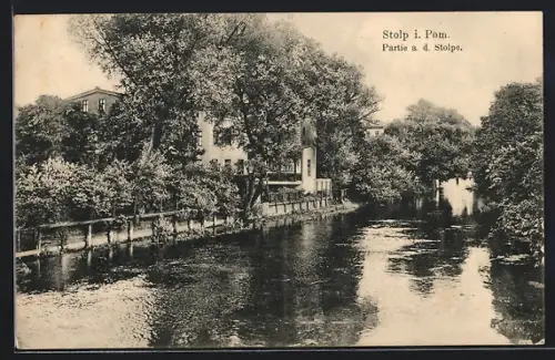 AK Stolp i. Pom., Partie an der Stolpe