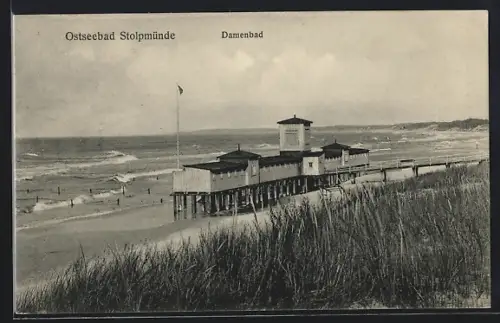 AK Stolpmünde, Damenbad von der Düne aus