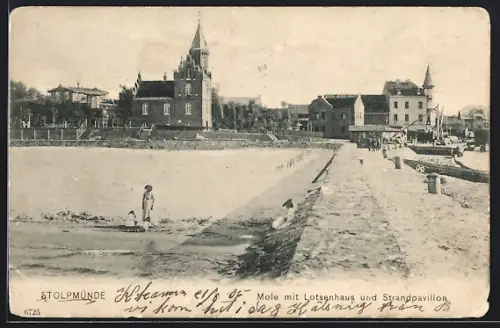 AK Stolpmünde, Mole mit Lotsenhaus und Strandpavillon