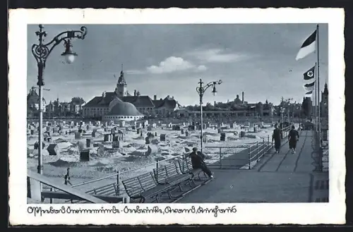 AK Swinemünde, Seebrücke, Strand, Kurhaus, -Fahne