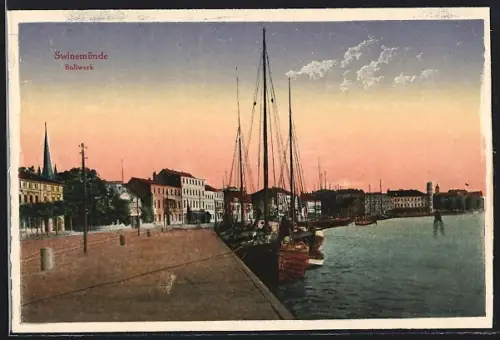 AK Swinemünde, Bollwerk mit Segelschiffen am Ufer