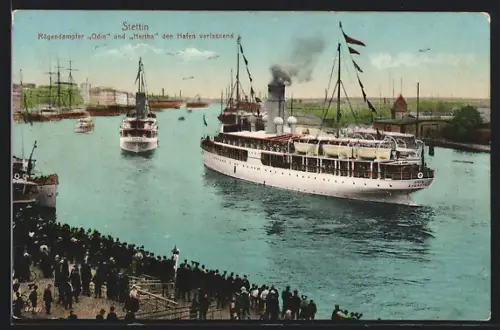 AK Stettin, Rügendampfer Odin und Hertha den Hafen verlassend