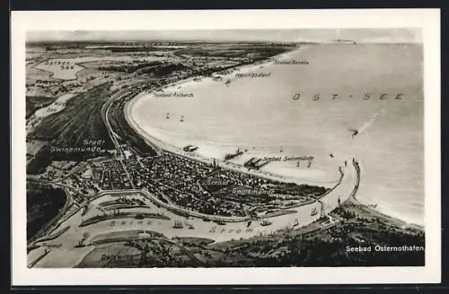 AK Swinemünde, Landkarte der Stadt mit dem Seebad Osternothafen und Blick auf die Ostsee