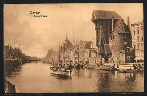 AK Danzig-Gdansk, Langebrücke mit Krantor, Dampfer