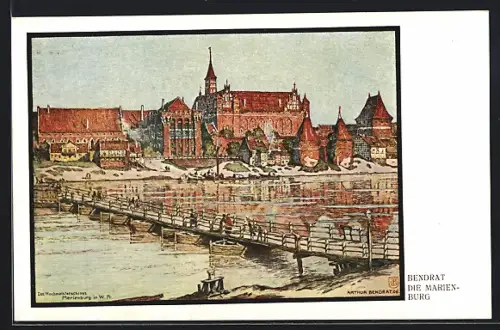 AK Marienburg / Malbork, Uferpartie mit Ortsansicht