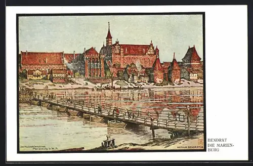 AK Marienburg / Malbork, Uferpartie mit Ortsansicht