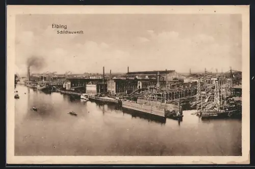 AK Elbing, Schichauwerft mit Schwimmdock, Maschinenhäusern und Hellingen