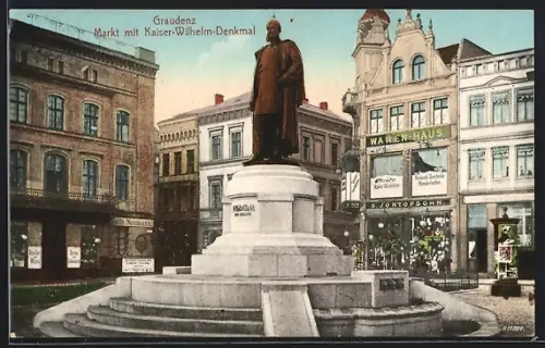 AK Graudenz, Markt mit Kaiser-Wilhelm-Denkmal, Warenhaus von S. Jontofson