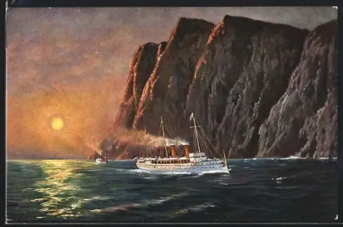 Künstler-AK Nordkap, Passagierschiff unterhalb des Nordkaps bei Mitternachtssonne