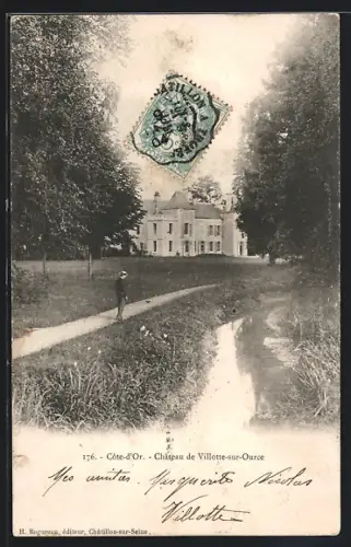 AK Villotte-sur-Ource /Côte-d`Or, Château de Villotte-sur-Ource et chemin bordé d`arbres