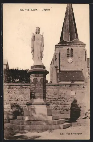 AK Vitteaux, L`Église et statue devant l`entrée