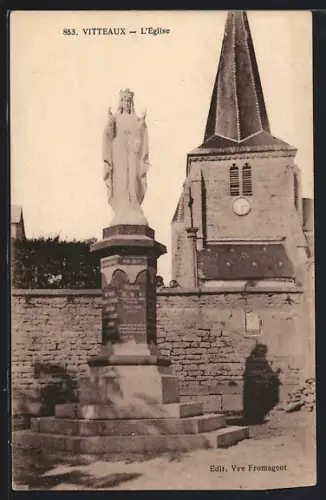AK Vitteaux, L`Église et statue devant le mur en pierre
