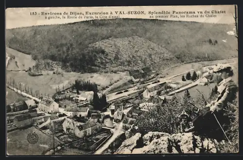 AK Val-Suzon, Splendide panorama vu du Chalet avec les Roches du Châlet et la Route de Paris à gauche