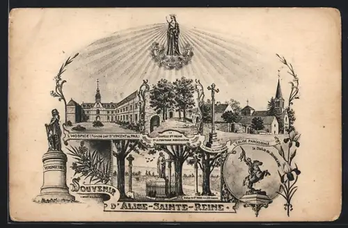 Künstler-AK Alise-Sainte-Reine, Souvenir avec hospice, église et statue de Vercingétorix