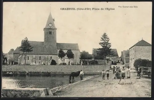 AK Chazeuil /Côte-d`Or, Place de l`Église avec habitants et cheval au bord de l`eau