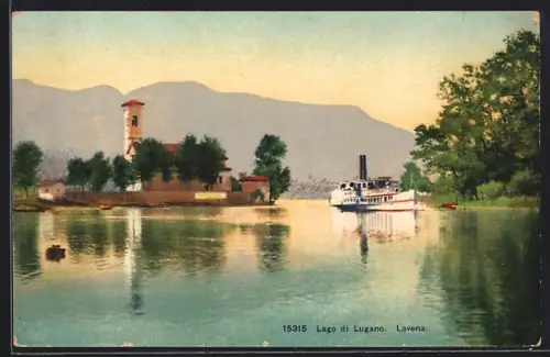 AK Lavena /Lago di Lugano, Kirche mit Dampfer