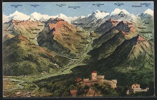 Künstler-AK Mesocco, Burg mit Selma, Arvigo und Bernhardinpass