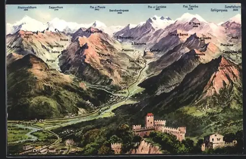 AK Mesocco, Panorama mit Bergen und Burg