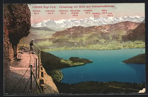 AK Rigi-First /Vierwaldstättersee, Felsenweg mit Blick auf Brisen, Urirotstock, und Titlis