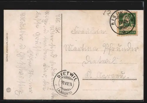 AK Rigi-Kulm, Hotel mit Kühen bei Sonnenaufgang