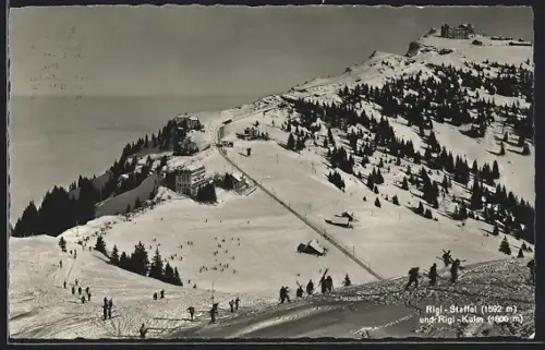 AK Rigi-Staffel, Panorama und Rigi-Kulm mit Skifahrern