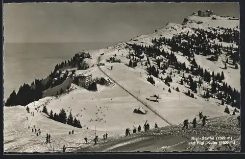 AK Rigi-Staffel, Panorama und Rigi-Kulm mit Skifahrern