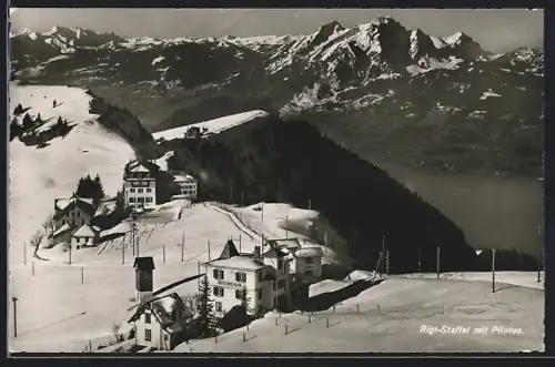 AK Rigi-Staffel, Panorama mit Hotel-Rigi-Bahn und Pilatus