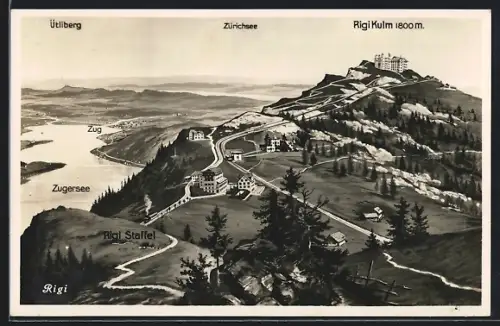 Künstler-AK Rigi Kulm, Panorama mit Hotel, Rigi Staffel und Zugersee