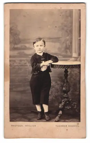 Fotografie Theodor Haertel, Potsdam, junger Knabe im Sommeranzug vor einer Studiokulisse
