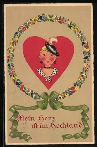 AK Süsses junges Mädchen in einem Herzen mit Blumenkranz
