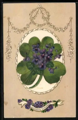 AK Kleeblatt mit Blumen
