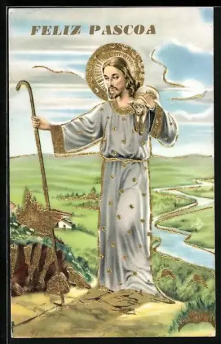 AK Jesus mit Osterlamm zu Ostern