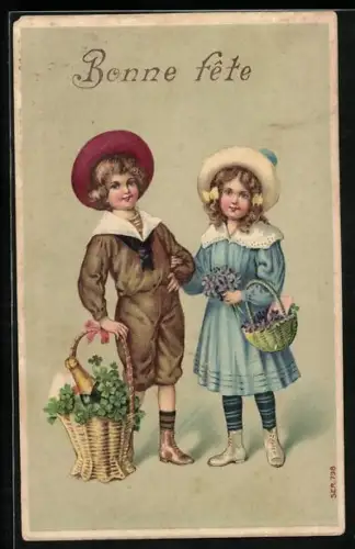 AK Kinder mit Geschenkkörben