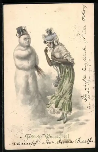 AK Schneemann mit eleganter Dame