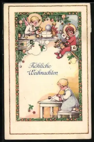 AK Fröhliche Weihnachten!, Weihnachtsengel und Kind mit Wunschzettel
