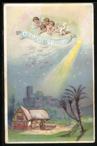Lithographie Weihnachten, Engel über Betlehem