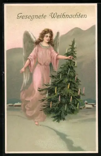 AK Weihnachtsengel mit Weihnachtsbaum