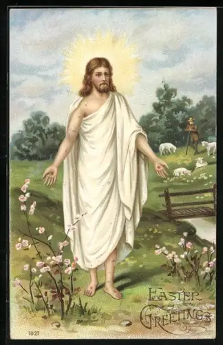 AK Jesus und Hirte mit Lämmern, Ostergruss