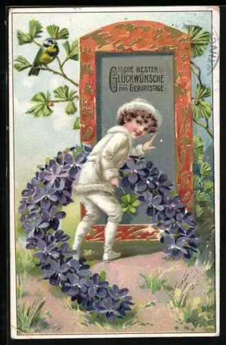 AK Kleiner Junge mit Hufeisen aus Veilchen, Bonne année