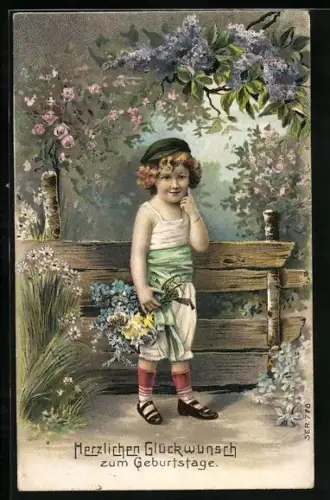 AK Herzlichen Glückwunsch zum Geburtstage, kleiner Junge mit Blumenstrauss