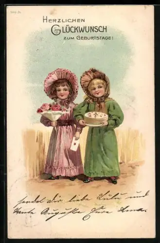 AK Mädchen gratulieren mit Torte und Rosenstrauss zum Namenstag