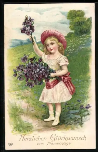 AK Mädchen mit Hut und einem Veilchenstrauss, Fröhliche Pfingsten