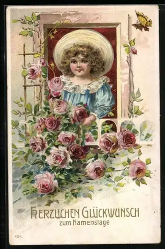 AK Mädchen mit Blumen zum Namenstag