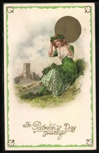 AK St. Patricks Day, Frau im grünen Kleid