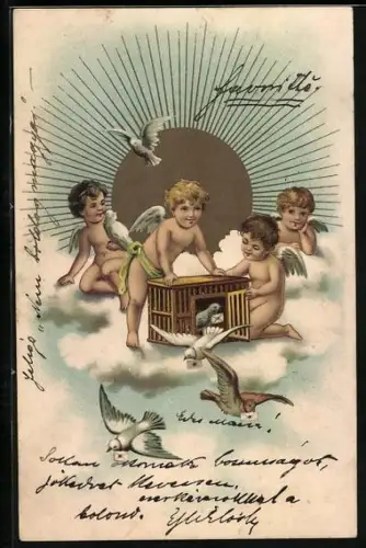 AK Amoretten auf der Wolke lassen Brieftauben fliegen