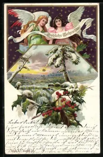 AK Weihnachtsengel über verschneiter Landschaft