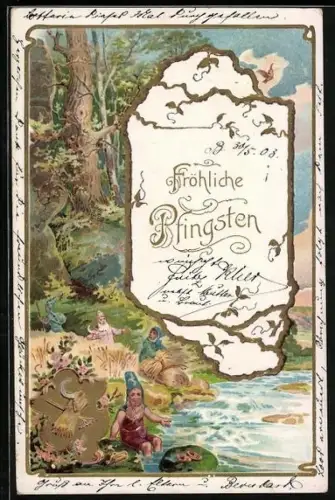 AK Zwerge am Ufer mit Heugarben, Pfingstgruss